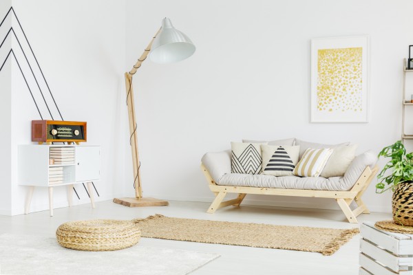 Big lamp in the corner Big wooden lamp standing in the corner of the room